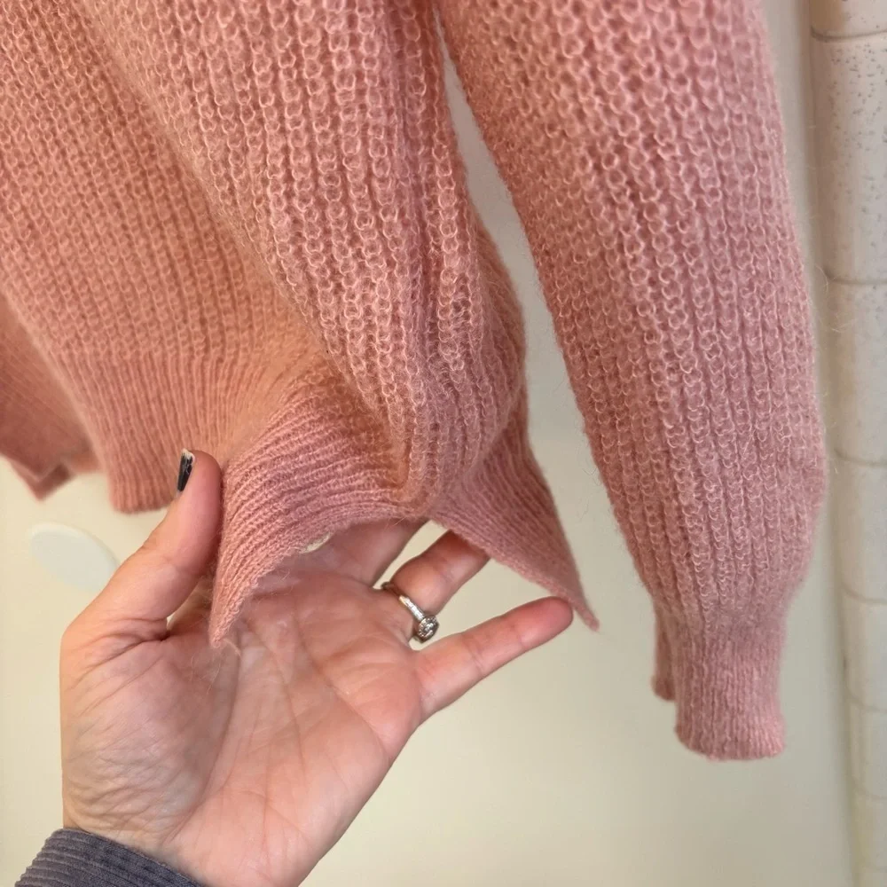 Y2K Cottagecore Pink Sweater Size XS Open Knit Long V Neck Oversized Semi Sheer
